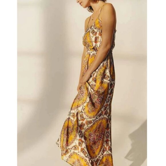 Anthropologie Maxi Halter Neck Dress Large Womens Yellow Gold Chiffon Belted - Picture 8 of 12